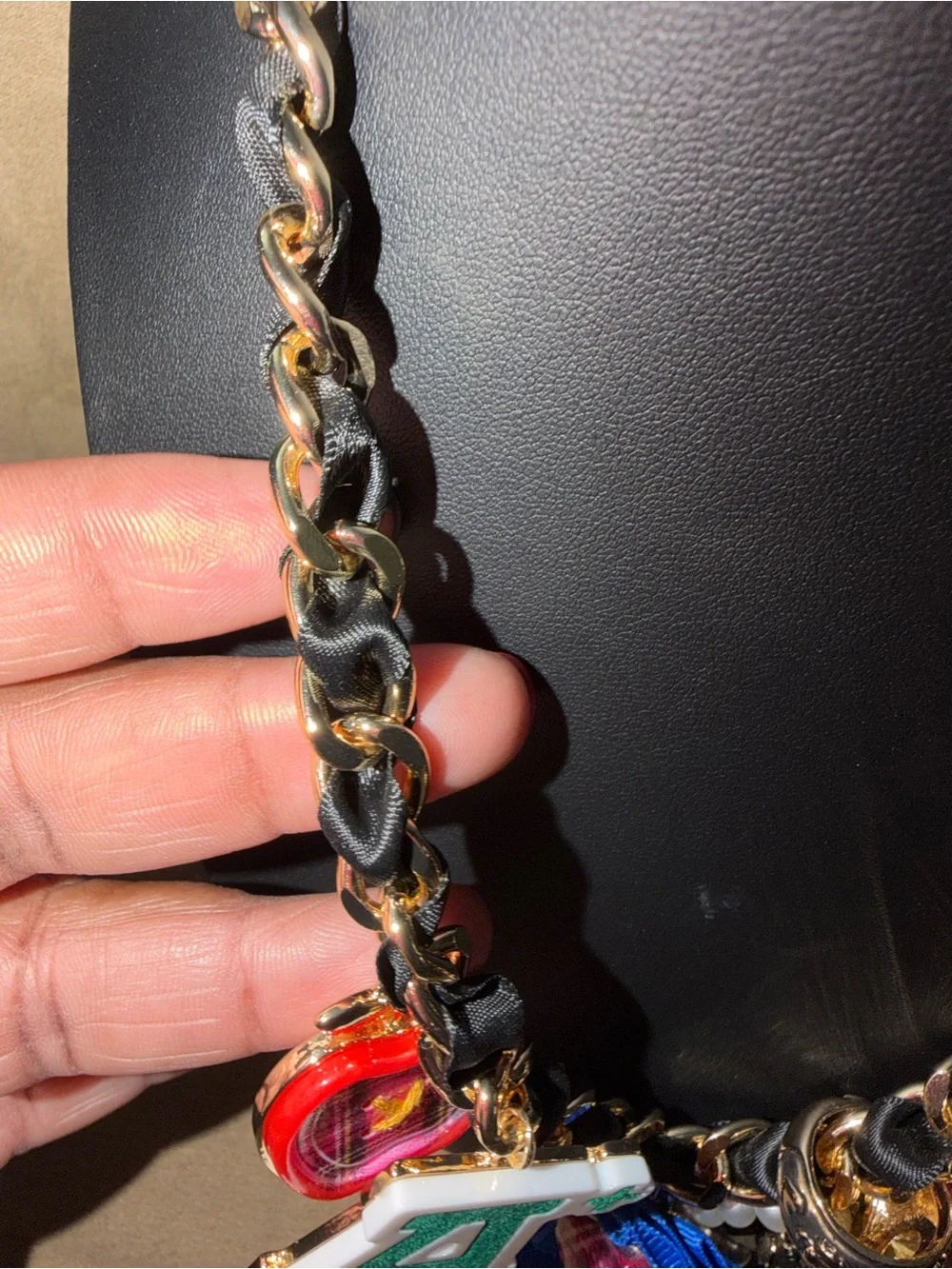 Betsey Johnson Black and Gold Chain Charm Necklace with Multicolor Charms